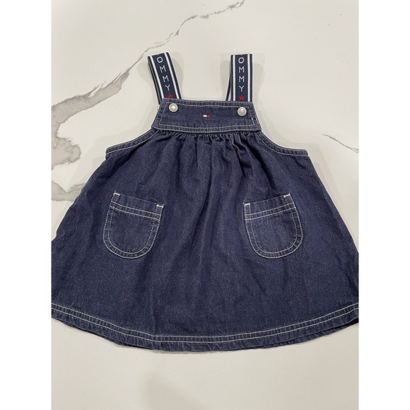 Tommy Hilfiger Other - Vtg Tommy Hilfiger Spellout Blue Denim Overalls Jumper Dress Sz 6/12 Mths AK95